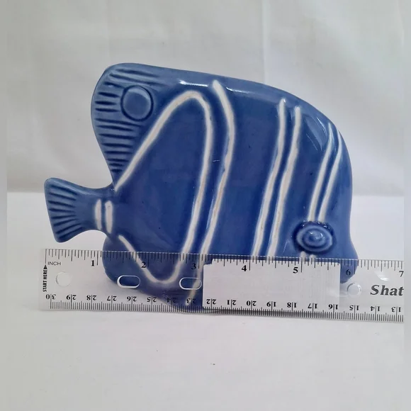 Vintage Blue & White Striped Ceramic Tropical Fish Figurine Boho Nautical Ocean - Picture 8 of 9